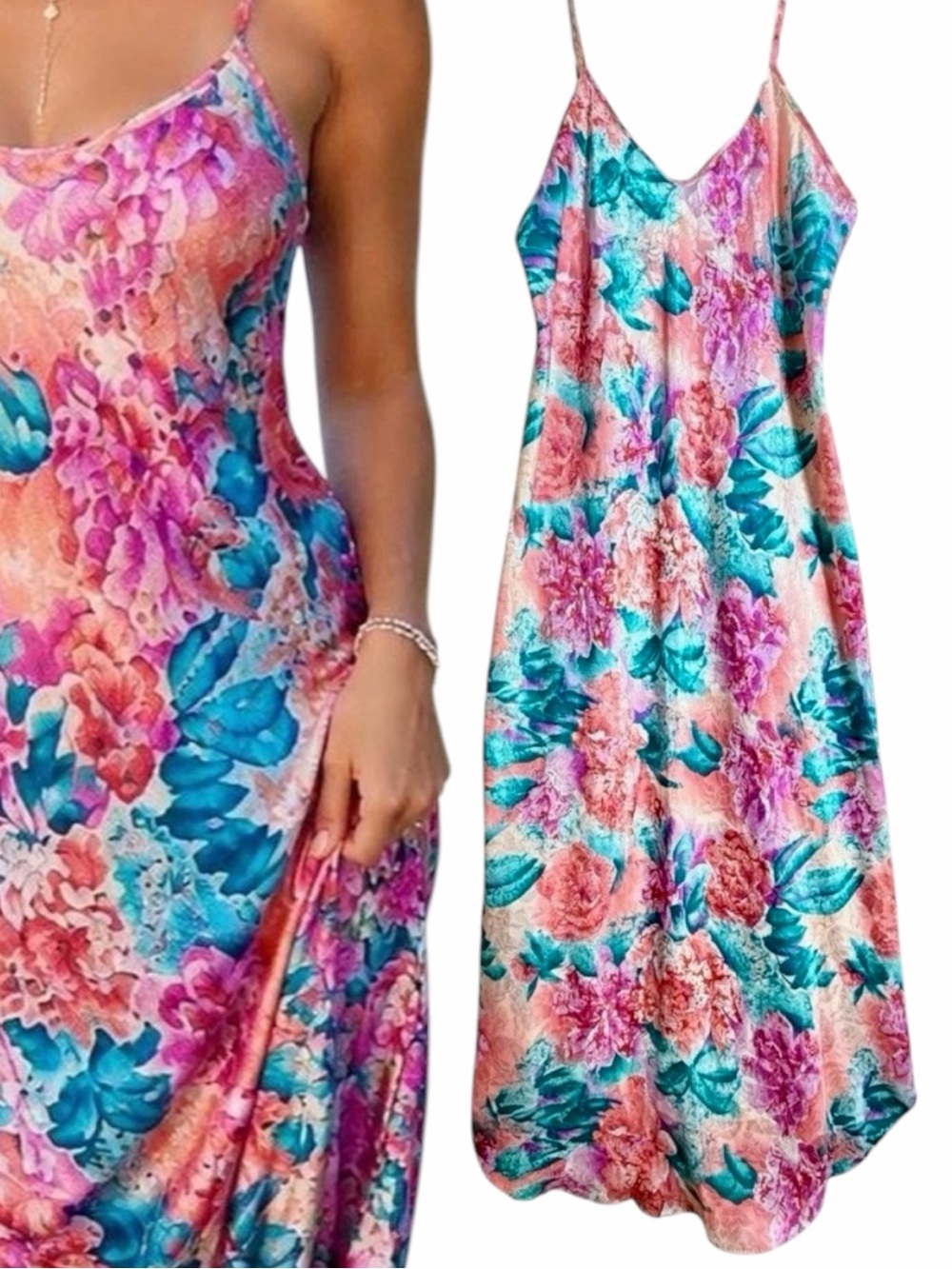 Vintage 90s California Dynasty Floral Satin Slip Maxi Dress L Made USA